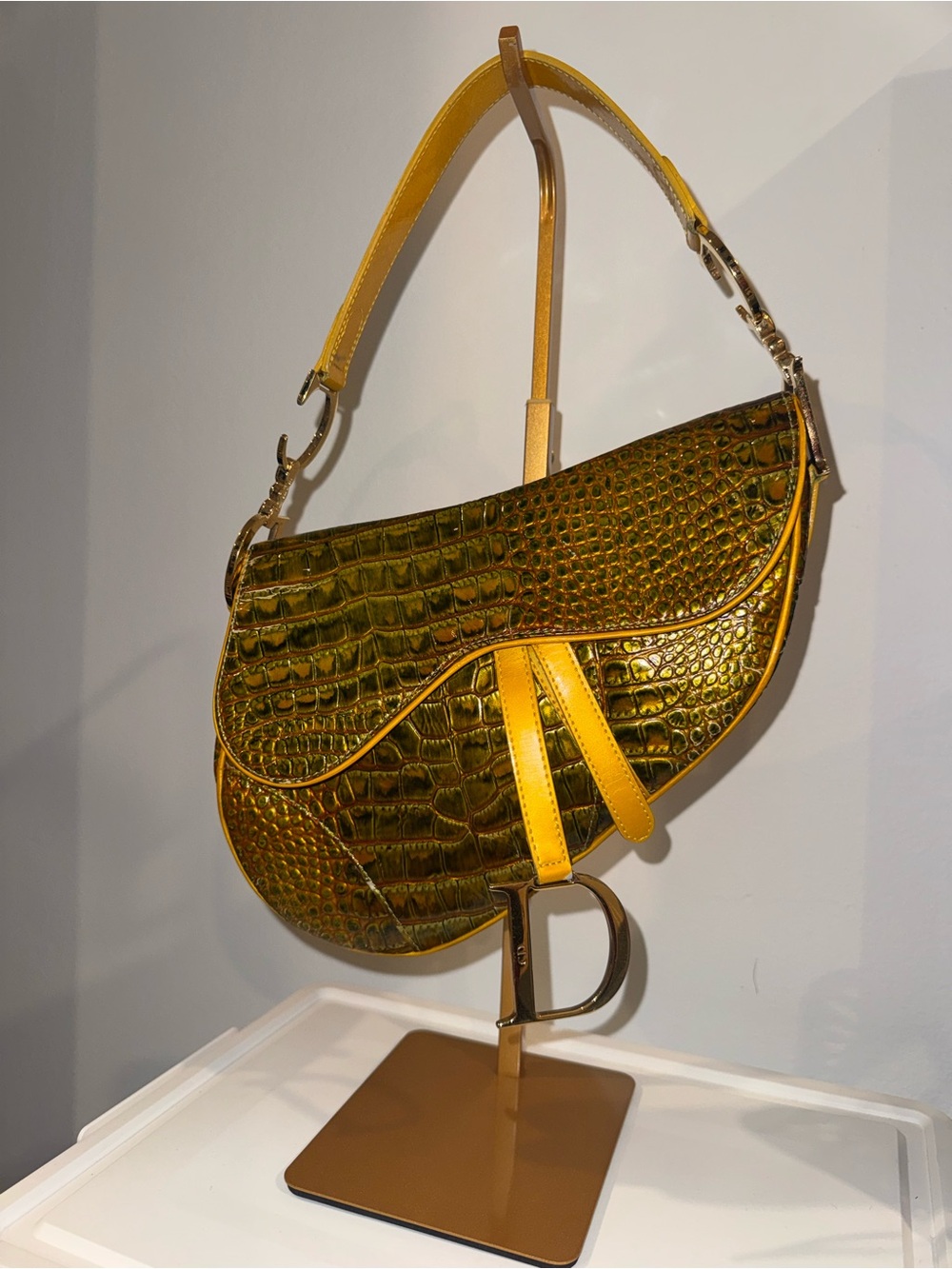 Rare Vintage Dior Saddle Bag with Yellow Croc-Embossed and Gold Hardware - Picture 2 of 16